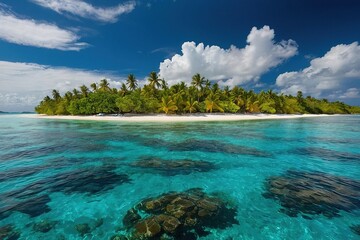 Fototapeta premium a small island with a sandy beach and palm trees, tropical island