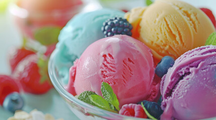 Horizontal banner with colorful ice cream balls in a bowl with berries. Dessert for the summer solstice. Summer Equinox Solstice. Bokeh background