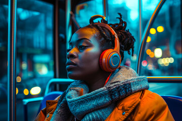 A young, vibrant individual enjoys music on a bus, immersing into their own world amidst city...
