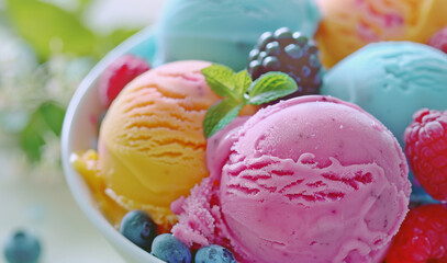 Bright colorful ice cream pink yellow and blue balls in a bowl with wild berries. Dessert for the summer solstice. Summer Equinox Solstice