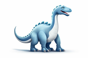 A blue cartoon dinosaur with a long neck and playful expression stands against a minimalist background