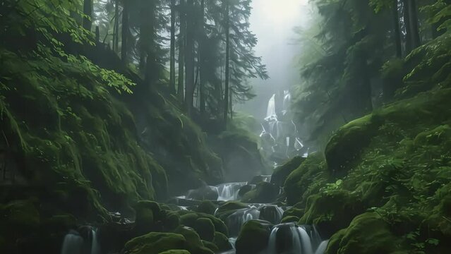 Cascading waterfall in a verdant forest, Generative AI