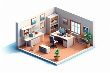 3D isometric illustration of a well-organized and modern home office setup with various elements