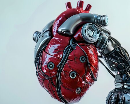 A human heart encased in a robotic shell, representing the integration of emotion and technology in leadership