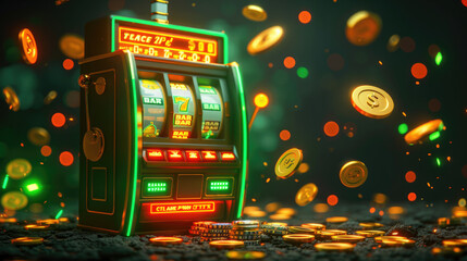 A casino slot machine with a green background giving a coin prize. Concept of prizes and casinos - 770510910