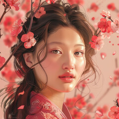 Fototapeta premium A woman in a red kimono with flowers in her hair.