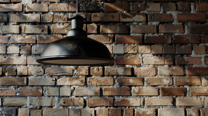 A solitary pendant lamp hangs against an exposed brick wall, casting a focused light in the dim. - obrazy, fototapety, plakaty