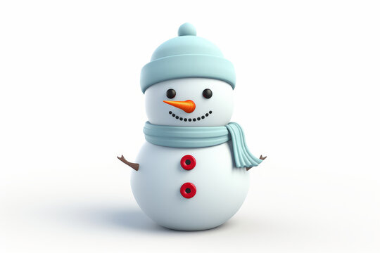 Adorable 3D snowman character wearing a blue hat and scarf set on a clean, white backdrop