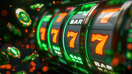 A slot machine with a green bar and seven red lights - 770511112