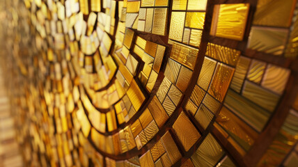 Golden textured glass squares create an abstract mosaic of light and shadow.