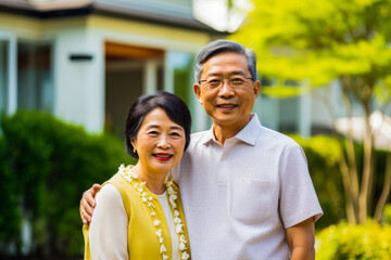 A cheerful elderly Asian couple embraces while standing in a lush garden in front of a home, radiating happiness and companionship