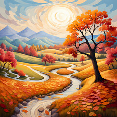 A serene autumn landscape with colorful leaves and greenery