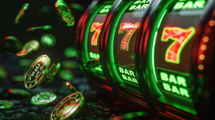 A slot machine with a green bar and a red 7 - 770511174
