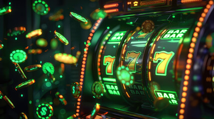 A slot machine with a green bar and a green number seven