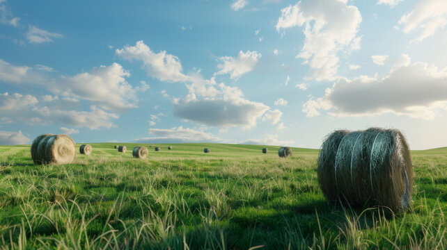 Lush green meadow peppered with golden hay bales under a bright blue sky.