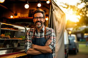 An entrepreneurial man stands arms crossed in front of his food truck, symbolizing small business pride - Powered by Adobe