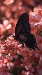 Black butterfly on pink flowers
