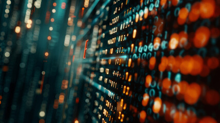 A pulsating array of binary code illuminating the pathways of digital data.