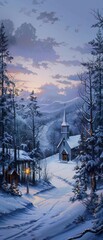 A panoramic view of a winter landscape at dusk, with a small chapel and trees lit up for Christmas