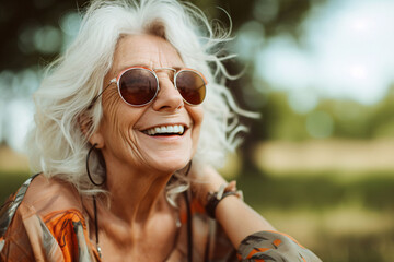 Portrait of an elderly woman wearing sunglasses on a sunny day.