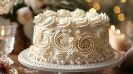 Obraz na płótnie Canvas A classic birthday cake adorned with elegant swirls of frosting and edible pearls.