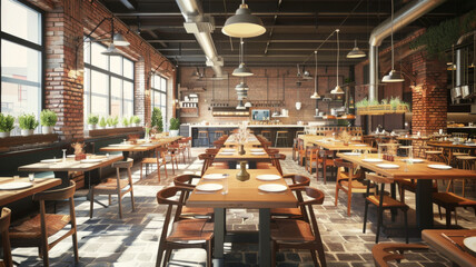 Inviting rows of tables set in a chic industrial-style restaurant waiting for guests. - obrazy, fototapety, plakaty