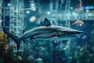 A shark in a trading floor aquarium, embodying aggression and dominance in financial markets