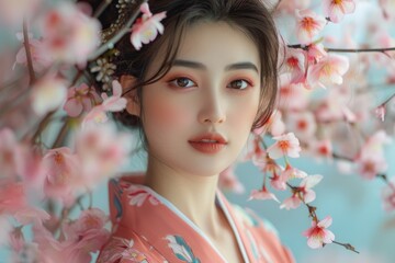 Fototapeta premium A woman in a kimono is posing for a picture. Dreamy spring landscape with sakura flowers