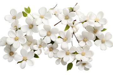 Fototapeta premium White Flowers With Green Leaves in Nature. On a White or Clear Surface PNG Transparent Background.