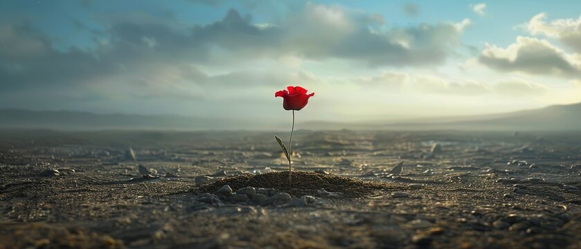 A single red flower blooming in a desolate landscape, representing the courage to be different