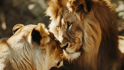 Tender moment between a lion and lioness, conveying affectionate intimacy in the wild.