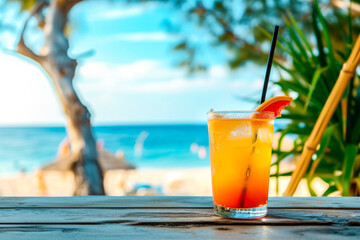 A vibrant orange cocktail stands against the backdrop of a tranquil beach and azure waters, an embodiment of leisure