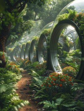 Scientists explore alien flora in a symmetrical greenhouse, studying exotic plants within controlled environment pods.