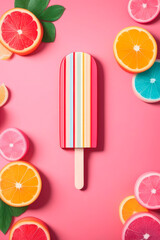 Colorful assortment of cold summer multicolored popsicle against pink and white stripes background.