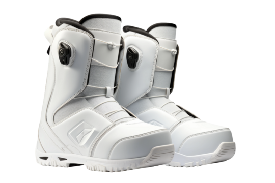 White Snowboard Boots on White Background. On a White or Clear Surface PNG Transparent Background.