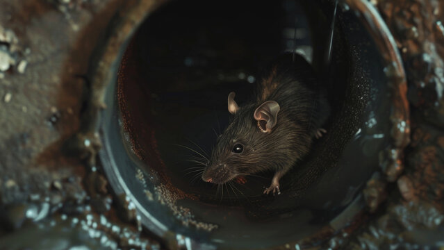 A curious rat peeks from a drain pipe, exploring the shadowy urban underworld.