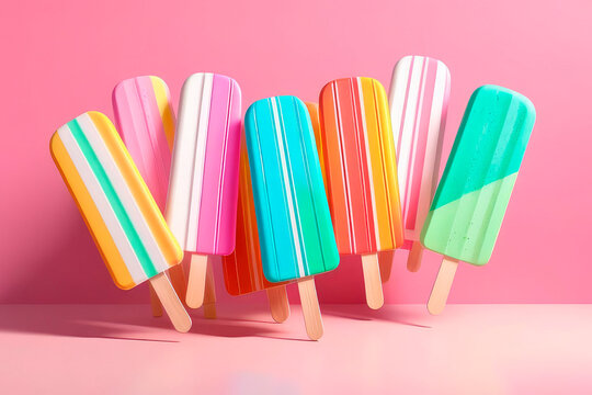 Colorful assortment of cold summer multicolored popsicle against pink and white stripes background.