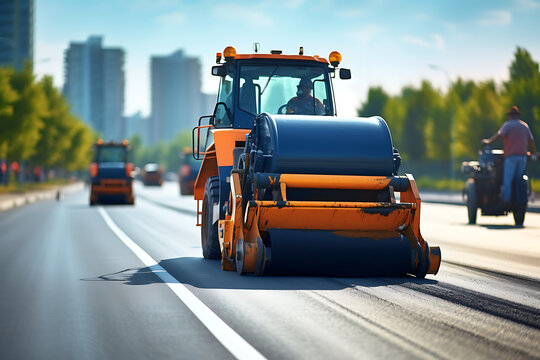 Road roller machine is carrying out asphalting of road construction. Generative ai
