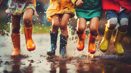 Joyful kids in colorful rainwear jumping and splashing in water, showcasing childhood fun and friendship. Happy children jumping in a puddle on a rainy day. - obrazy, fototapety, plakaty