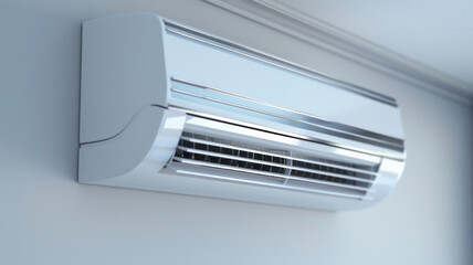 Modern, sleek air conditioner mounted on a white wall, climate control.