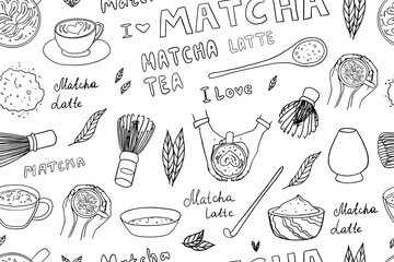 Seamless pattern of hand drawn matcha tea theme elements in doodle style. Matcha powder, Matcha Measuring Spoon, bamboo whisk, japanese tea, matcha latte, cup in hands. Cute vector illustration EPS10 - obrazy, fototapety, plakaty