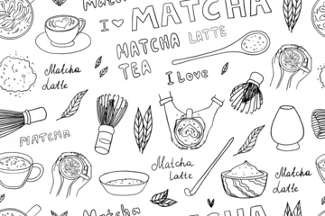Fotobehang Seamless pattern of hand drawn matcha tea theme elements in doodle style. Matcha powder, Matcha Measuring Spoon, bamboo whisk, japanese tea, matcha latte, cup in hands. Cute vector illustration EPS10 © Natalia