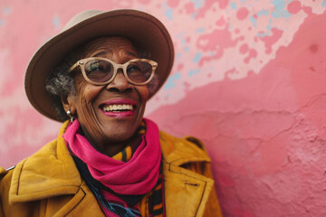 Portrait of an elderly black woman wearing sunglasses against a bright wall on a sunny day.