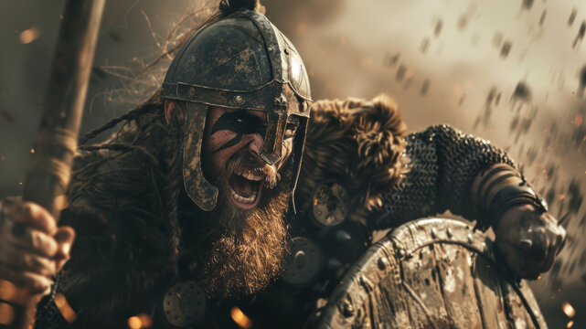 Fierce Viking warriors engaged in an intense battle, embodying bravery.