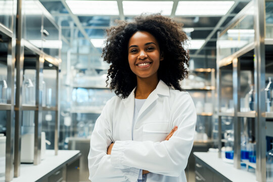 The image displays a confident female scientist standing with her arms crossed in a high-tech laboratory, symbolizing determination and expertise in research