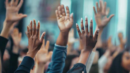 A unified display of diversity with many raised hands against a blurred crowd. - obrazy, fototapety, plakaty