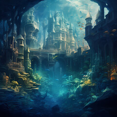 A surreal underwater city with mermaids swimming.