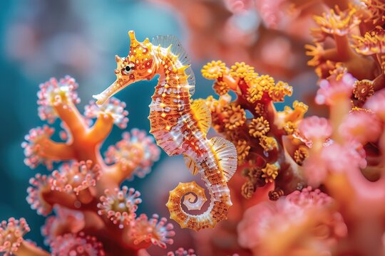 Detailed image of a seahorse clinging to coral, highlighting its intricate body structure, perfect for aquatic wildlife photography