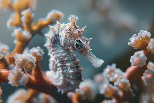 Detailed image of a seahorse clinging to coral, highlighting its intricate body structure, perfect for aquatic wildlife photography