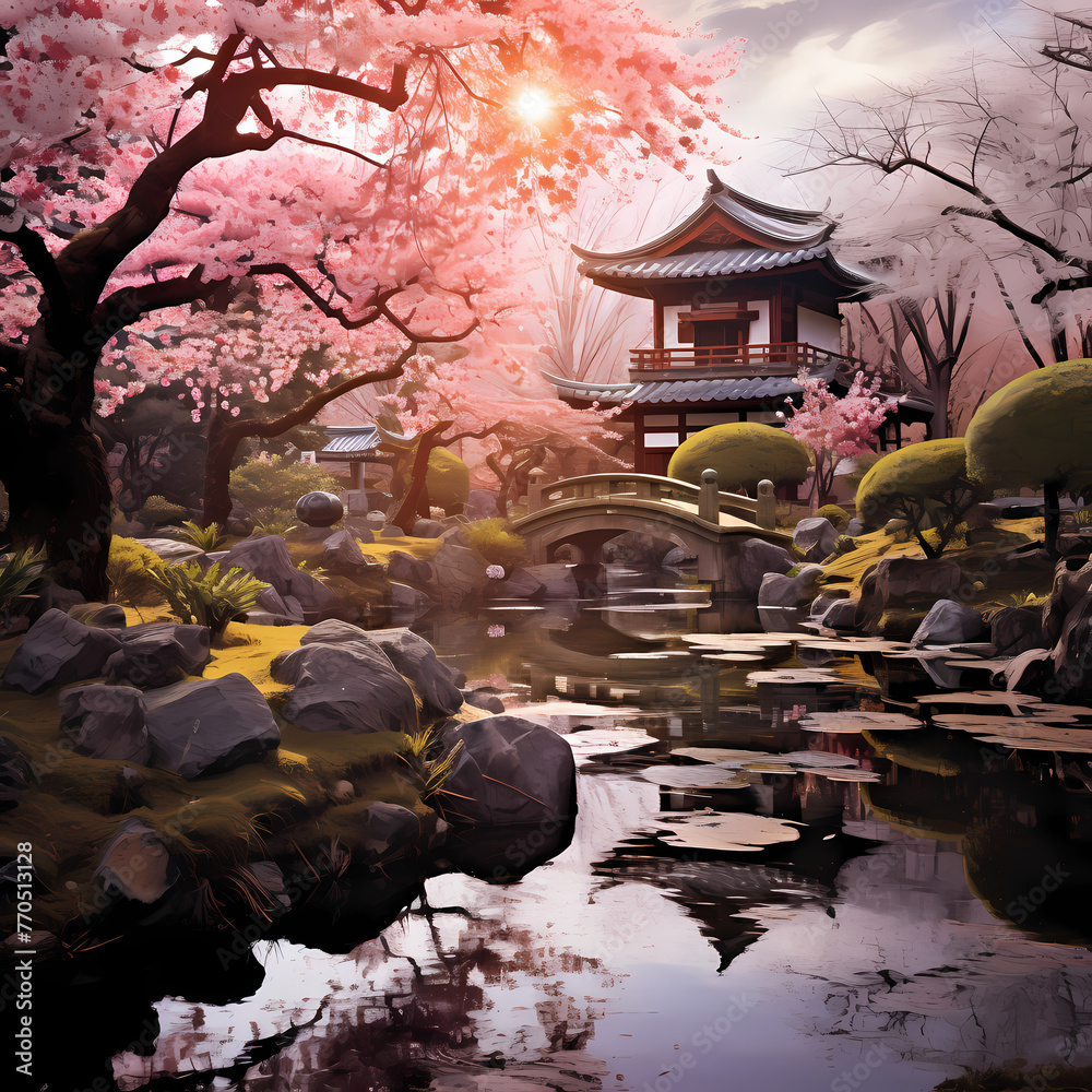 Poster A tranquil Japanese garden with cherry blossoms. 